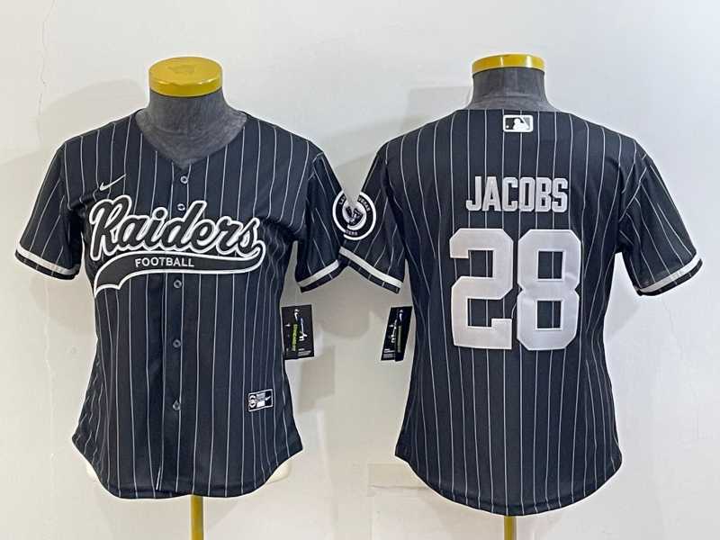 Women%27s Las Vegas Raiders #28 Josh Jacobs Black Team Big Logo With Patch Cool Base Stitched Baseball Jersey